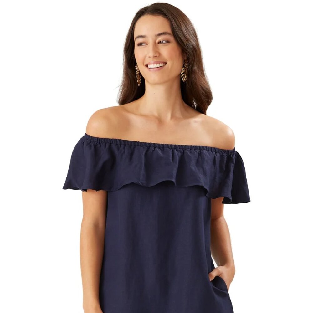 Tommy Bahama Women’s Linen Off Shoulder Ruffle Dress Beachy Resort Medium